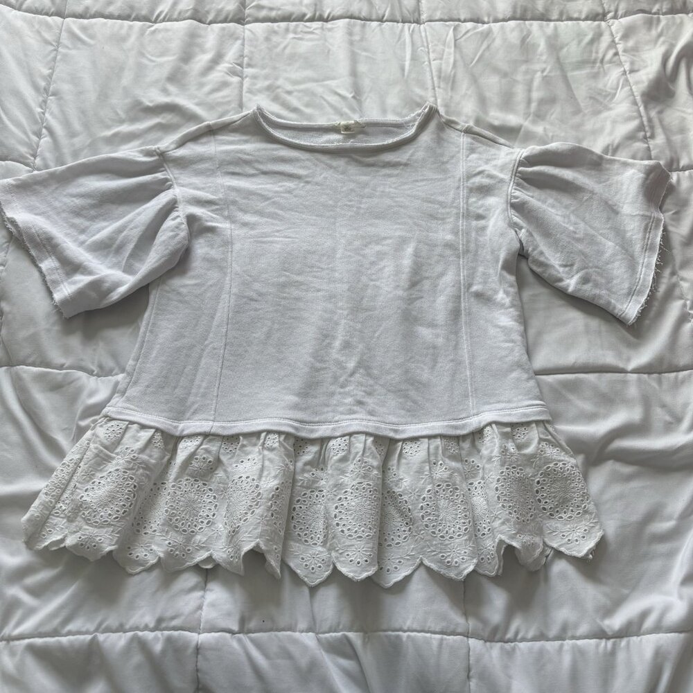 Caslon Womens‎ Size Xs Scalloped Puff Sleeve White Top Blouse Hippie Whimsy City